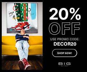 Promotional creative with discount and wall art scene