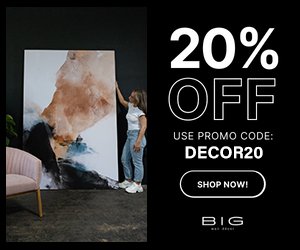 Studio-style wall art scene with discount message